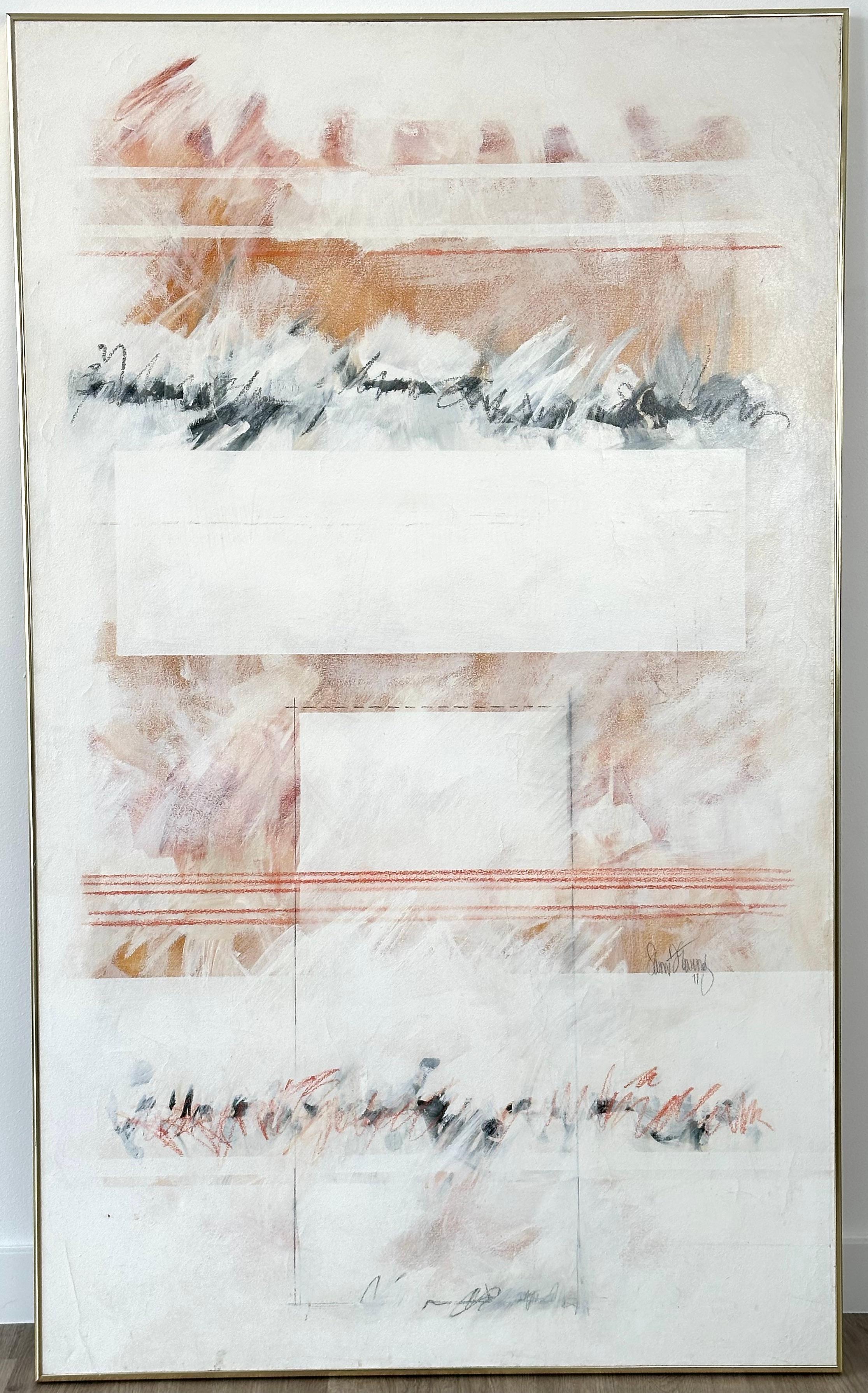 Beautiful abstract Minimalist painting by unknown artist. Dated 1977. Oil on canvas measures 36 x 60 inches. Signed and dated lower right. 