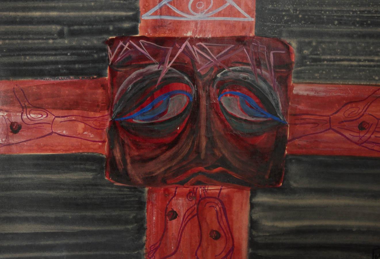 A bold and intense study of Jesus on the cross. Inscribed 1972, London to the lower right corner. Signed with monogram. On card.
