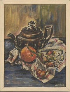 Mireille Hanchar - Fine Mid 20th Century Oil, Teapot and Fruit on a Tea Towel