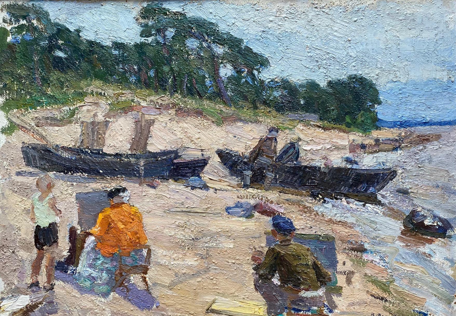 Unknown Landscape Painting - "Mise en abîme", Painters on the beach - Oil on cardboard 50x70 cm