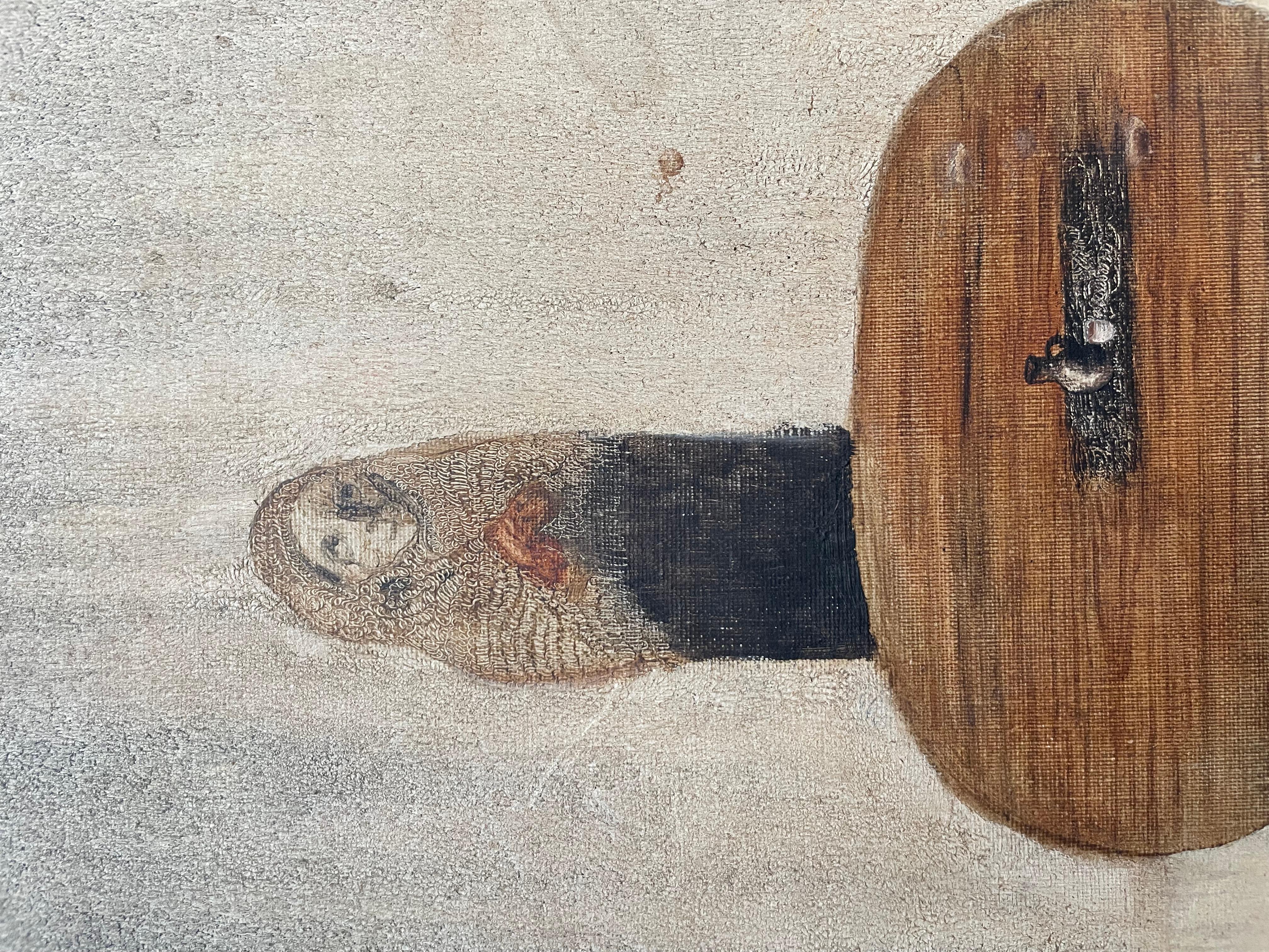 Óleo miserabilista sobre lienzo, firmado y fechado en 69, firma por identificar.  Manchas leves.  30 x 24 cm