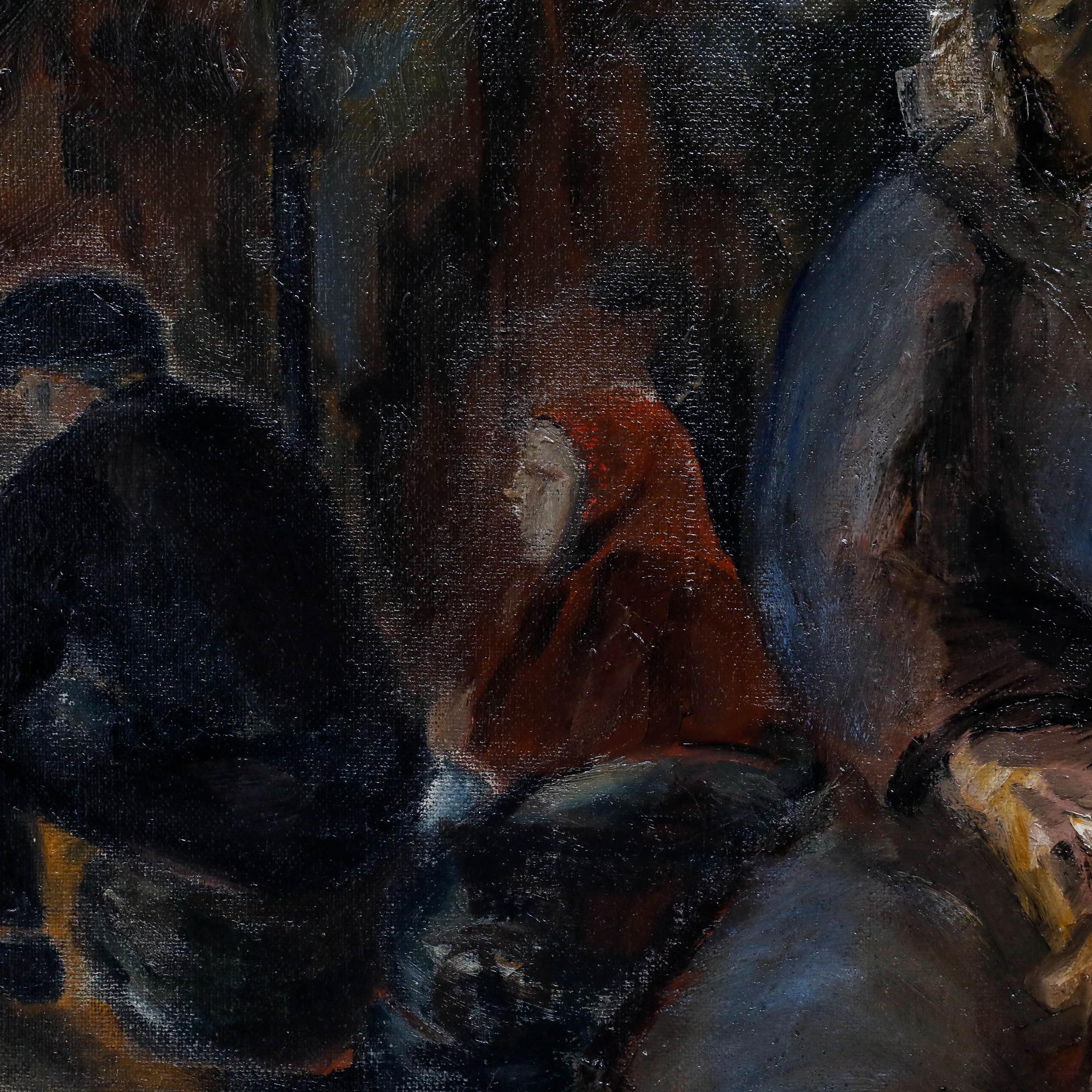 Este evocador cuadro de principios del siglo XX representa una sombría escena con figuras representadas en tonos terrosos. La pincelada suelta y la paleta apagada del artista crean un ambiente de introspección y melancolía. Firmado arriba a la