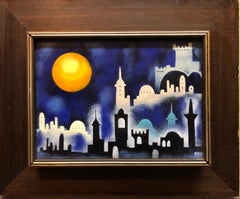 Mod 1970's Israeli Judaica Folk Art Jerusalem View Enamel on Copper Painting