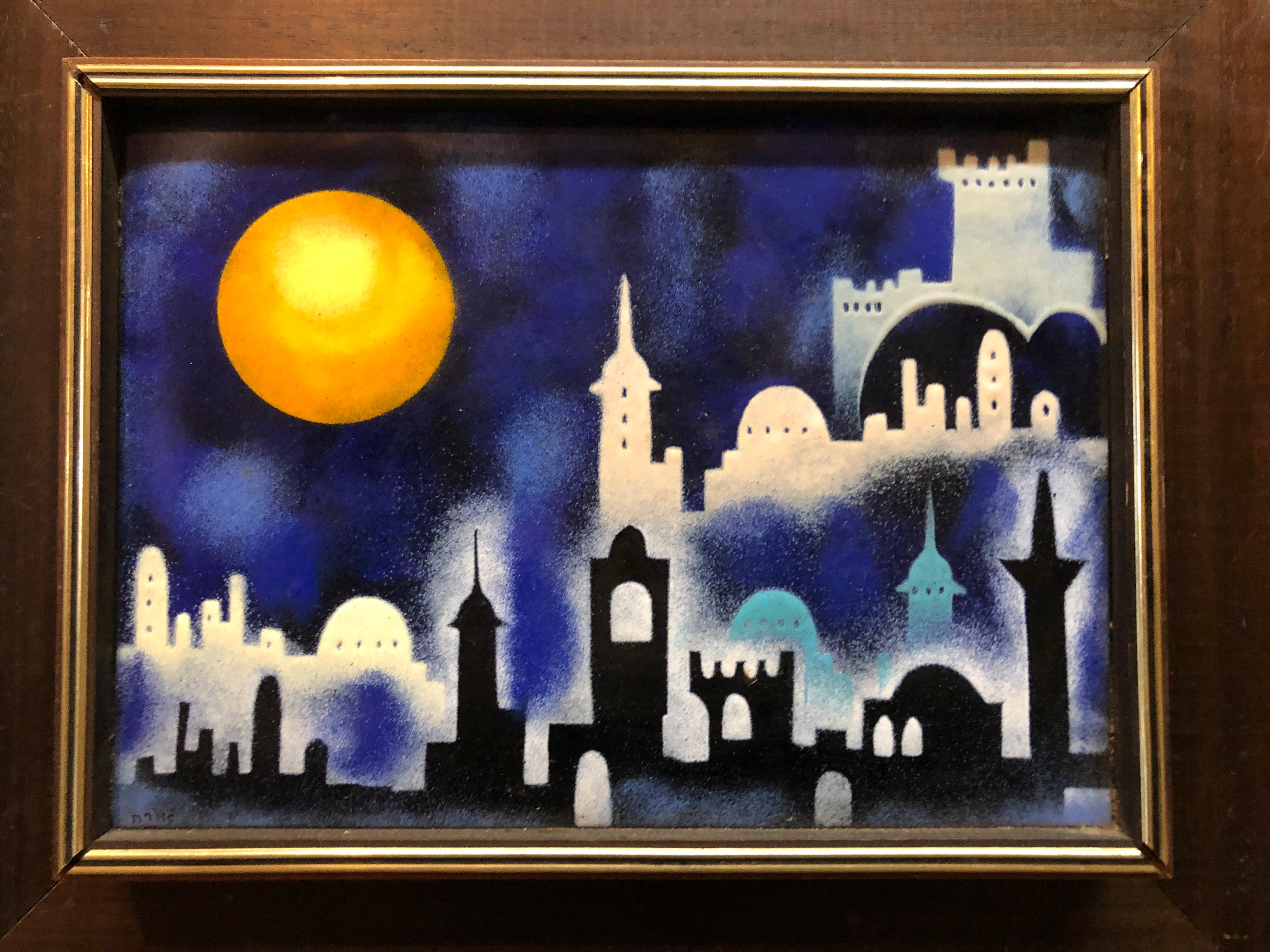 Mod 1970's Israeli Judaica Folk Art Jerusalem View Enamel on Copper Painting - Black Landscape Painting by Unknown