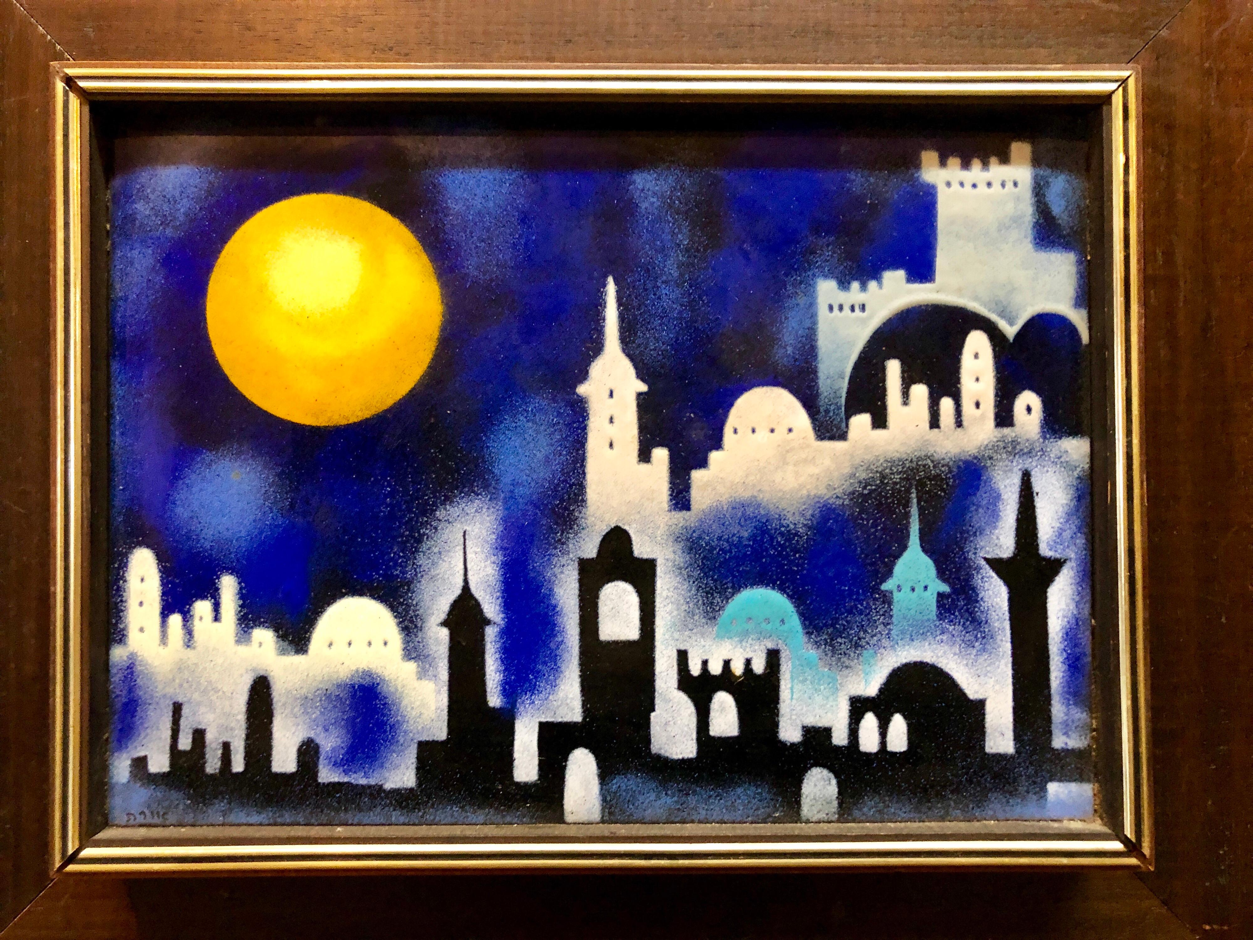 This is a masterfully executed wall hanging enamel on copper painting of Jerusalem. it is signed in Hebrew. Israel has had a Vibrant Folk Art, Naive art scene for a long time now artists like Yisrael Paldi, Nahum Guttman, Reuven Rubin had naive