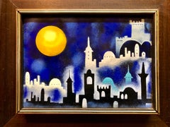 Mod 1970's Israeli Judaica Folk Art Jerusalem View Enamel on Copper Painting