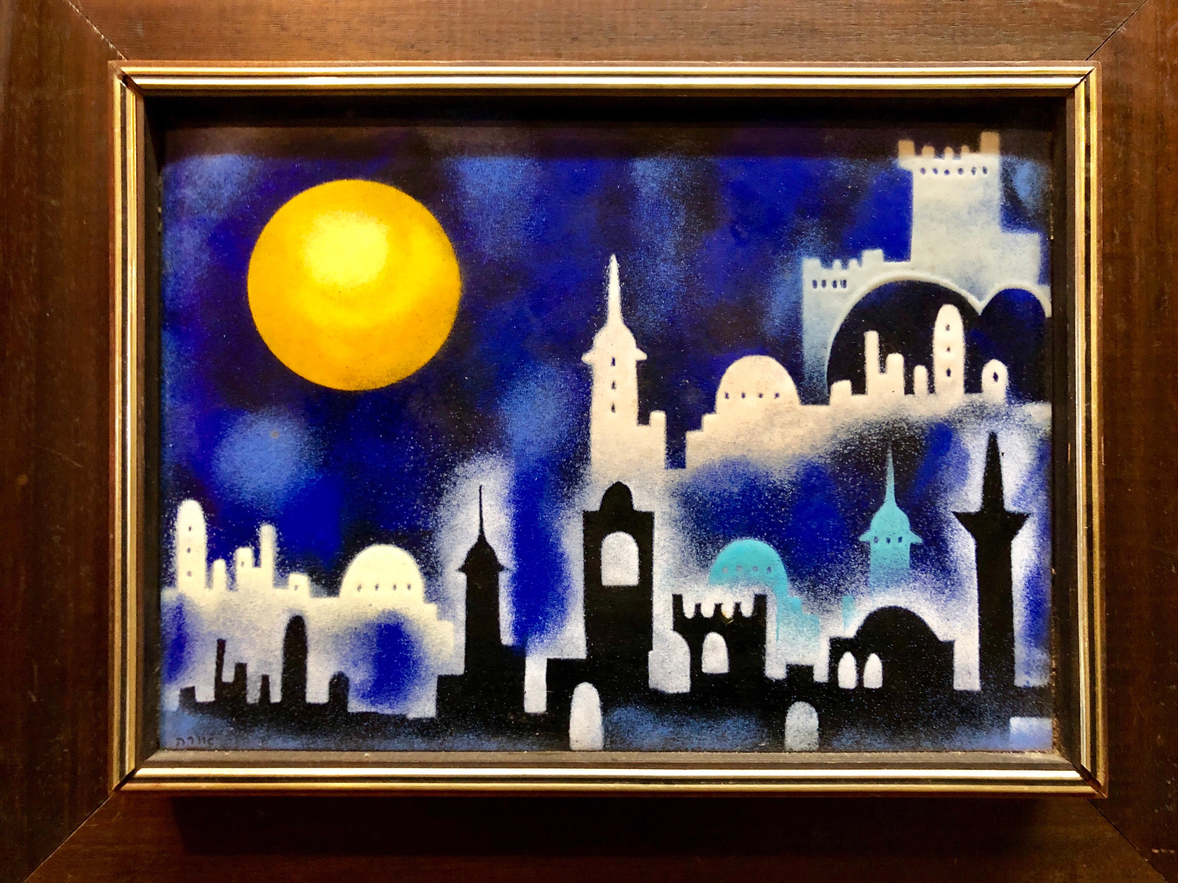 Landscape Painting di Unknown - Modello degli anni '70, arte popolare ebraica israeliana, veduta di Gerusalemme, dipinto a smalto su rame