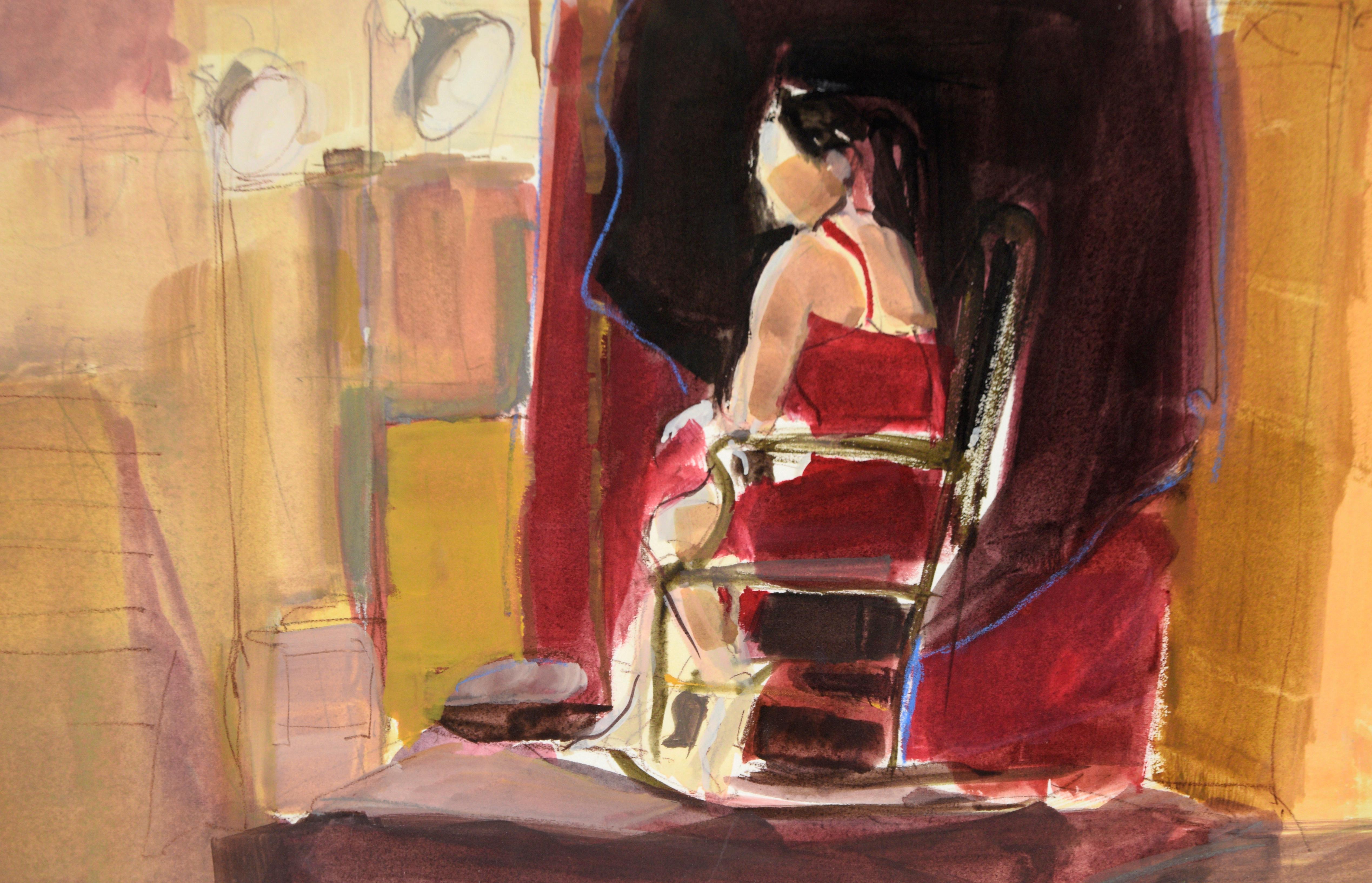 Modella in studio - Figurativa a guazzo e pastello su carta - Interior Painting Beige di Unknown