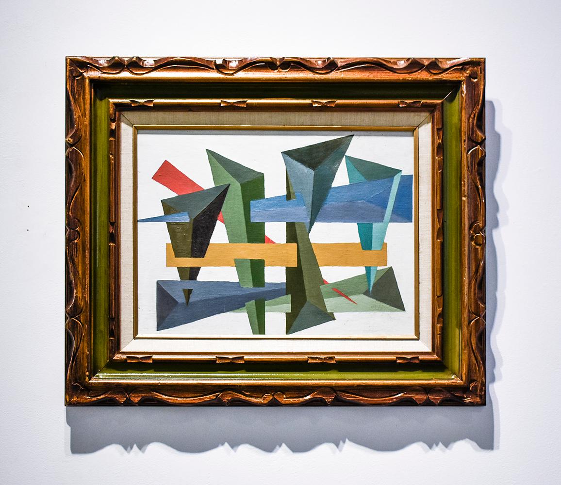 Colorful Abstract Geometric Painting
Framed in Wood and Green Painted Wood Frame
Oil on Canvas, 20 x 23 inches framed

(Painting is framed with wire backing, ready to hang)

A lovely contemporary painting of modern geometric shapes in varying shapes