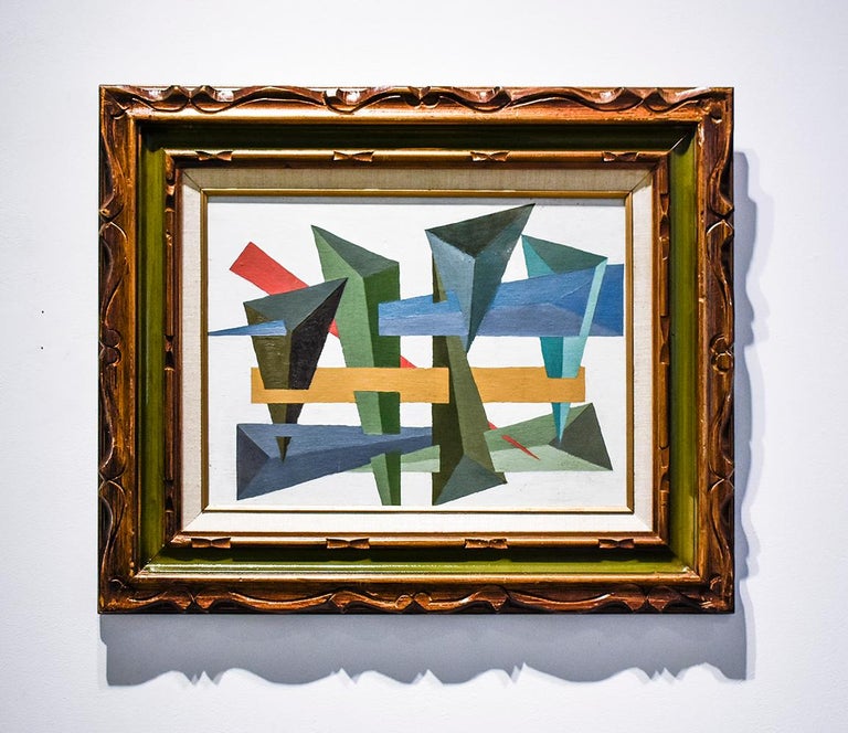 Unknown Modern Abstract Geometric Framed Oil On Canvas In Blue