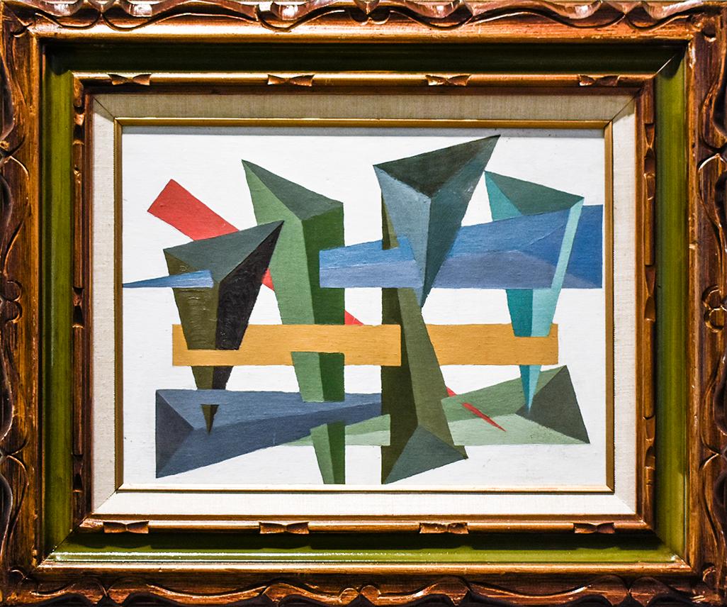 Modern Abstract Geometric (Framed Oil on Canvas in Blue, Green, Coral, and Ocre) - Painting by Unknown