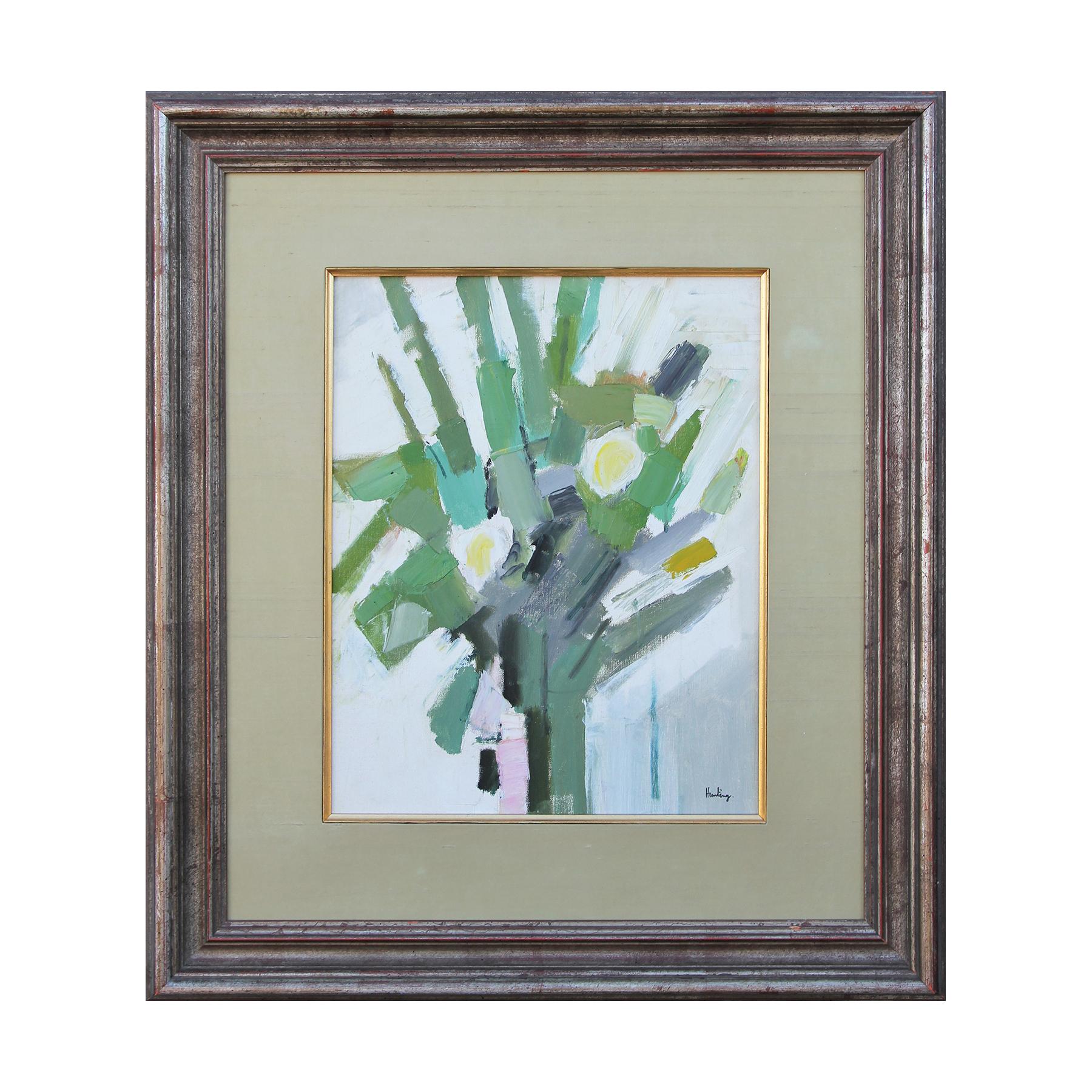 Unknown Still-Life Painting - Modern Abstract Impressionist Green & Yellow Floral Still Life Oil Painting 