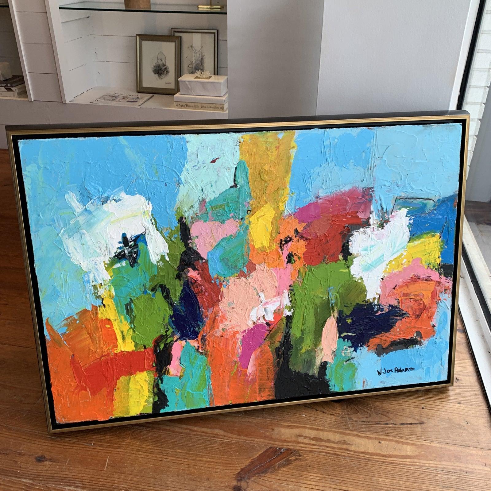 Be prepared for very bright colors!! 
This painting will surely brighten you life and interior space by Joe Adams 
Framed in black and gold floater frame , signed on the front right
Blues , corals , reds and white with very thick brush strokes. More