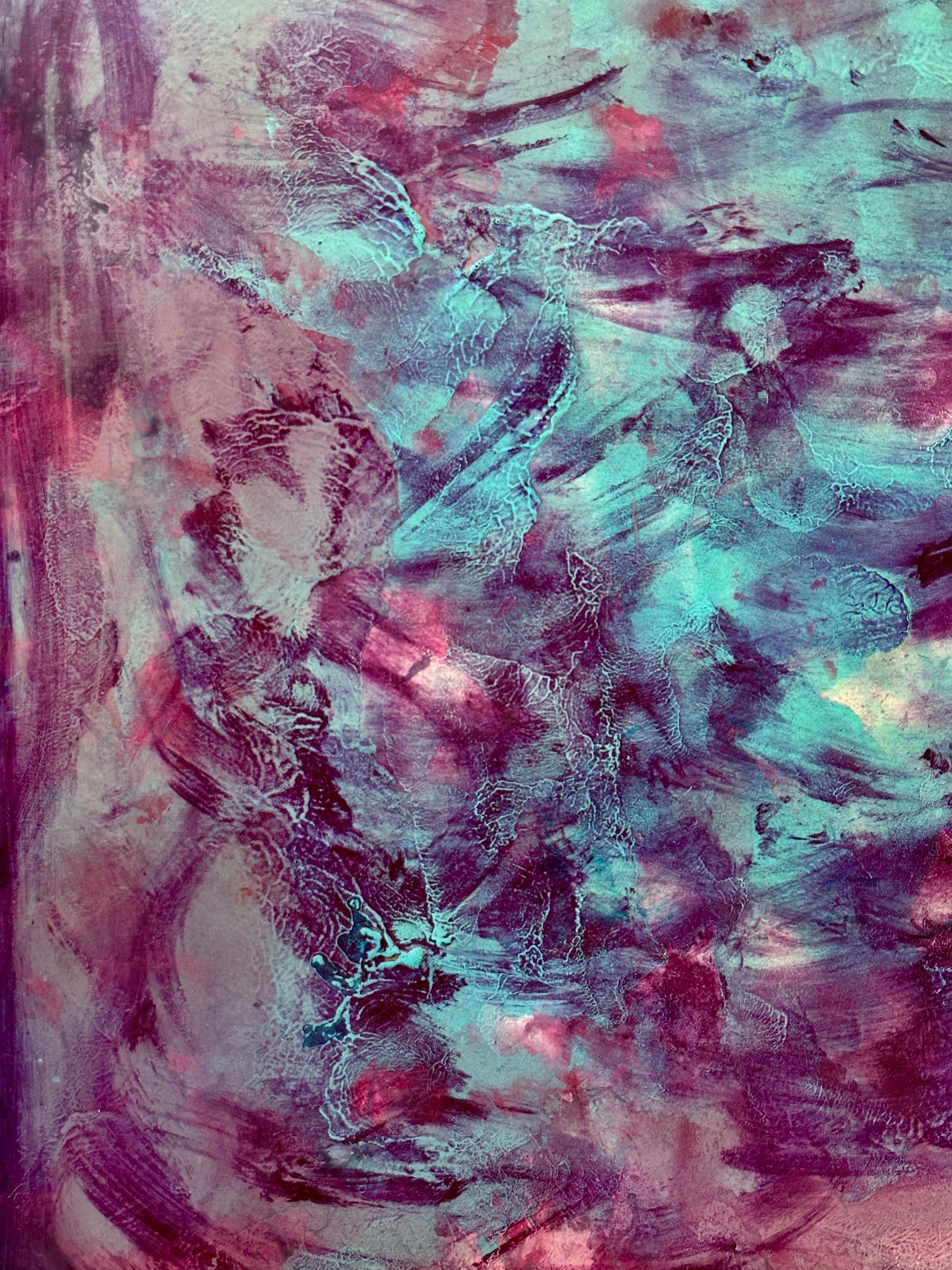 Quadro astratto moderno su Wood - Viola, verde acqua e rosa - Painting di Unknown