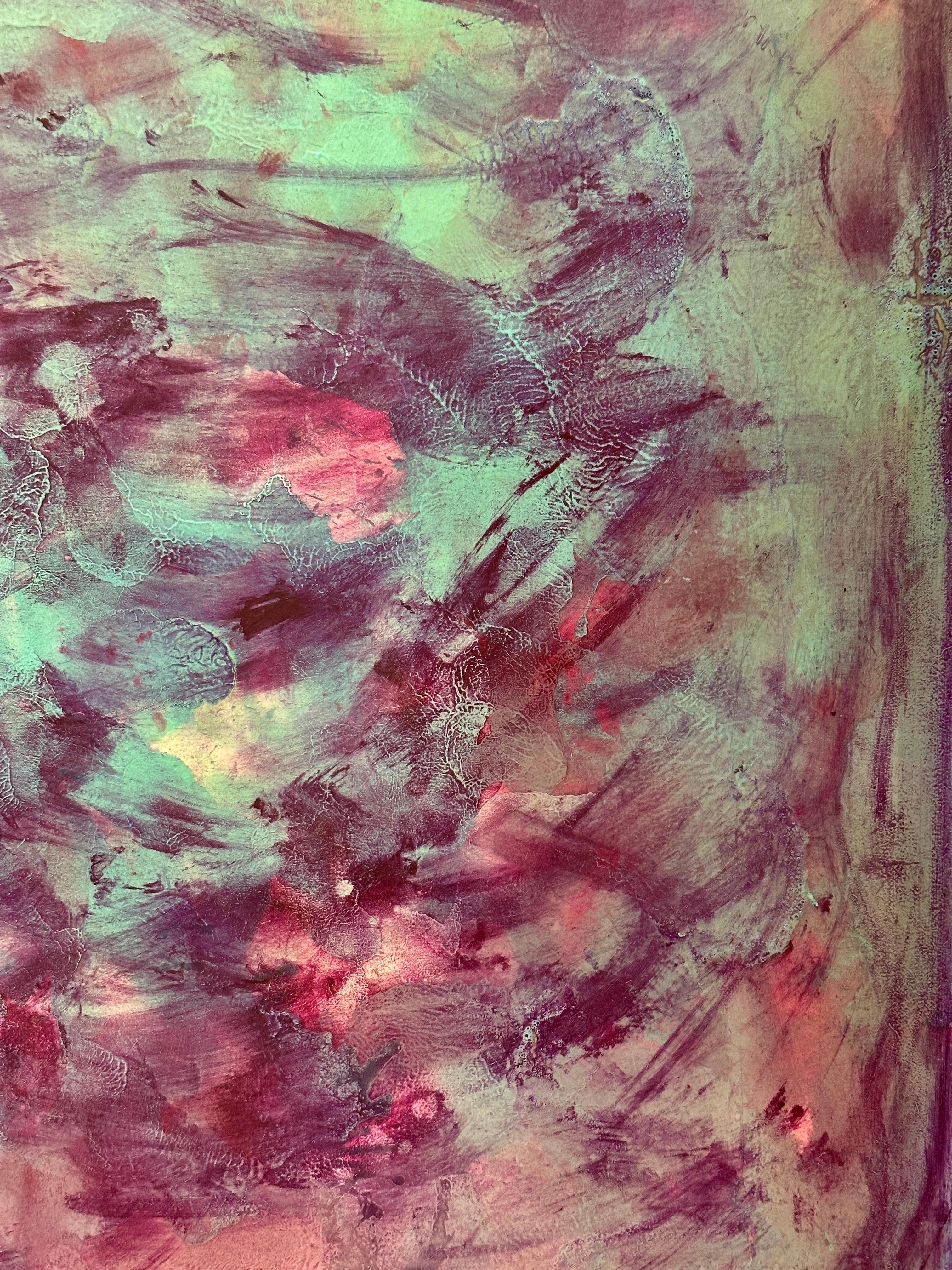 Quadro astratto moderno su Wood - Viola, verde acqua e rosa - Painting Astratto di Unknown