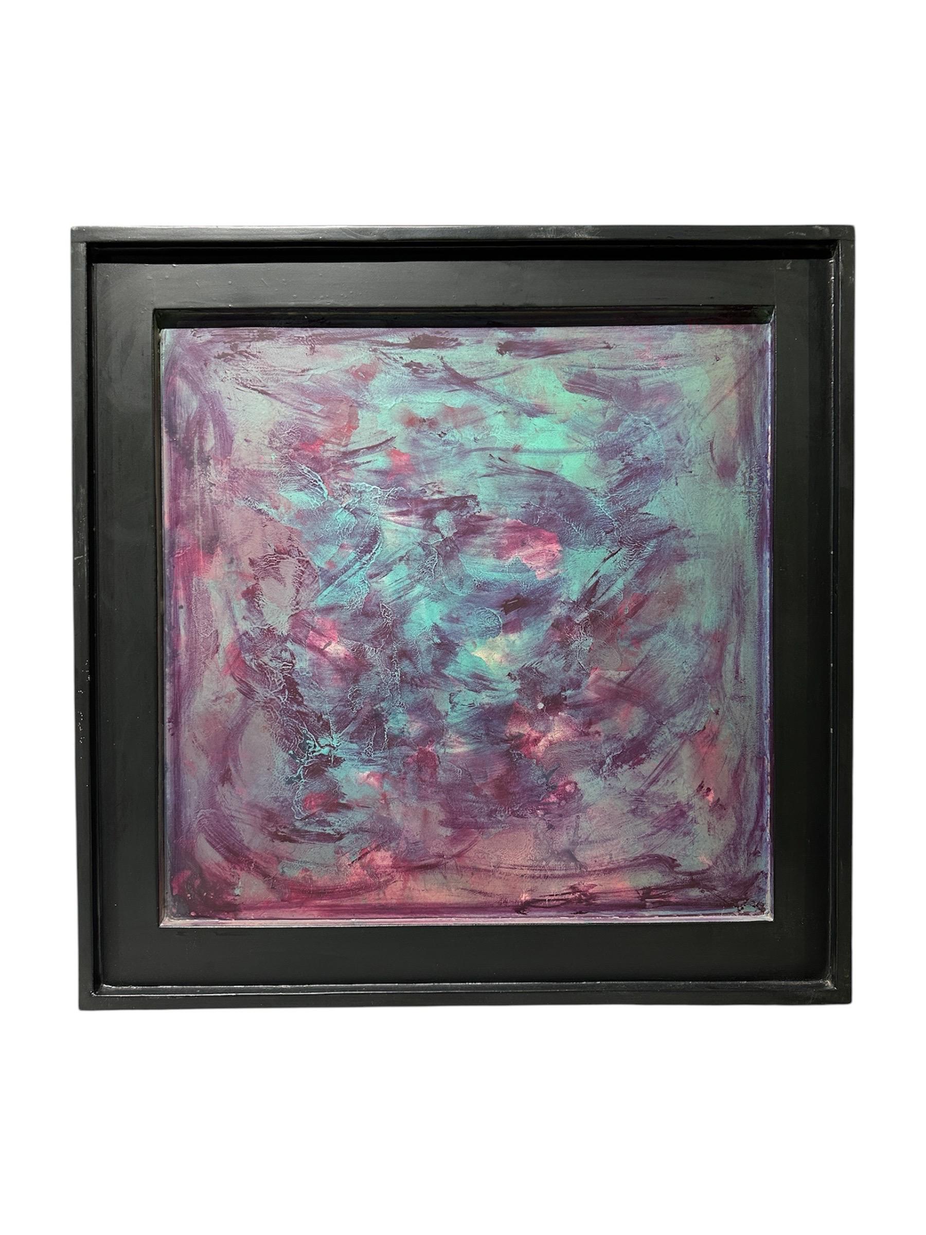 Abstract Painting di Unknown - Quadro astratto moderno su Wood - Viola, verde acqua e rosa