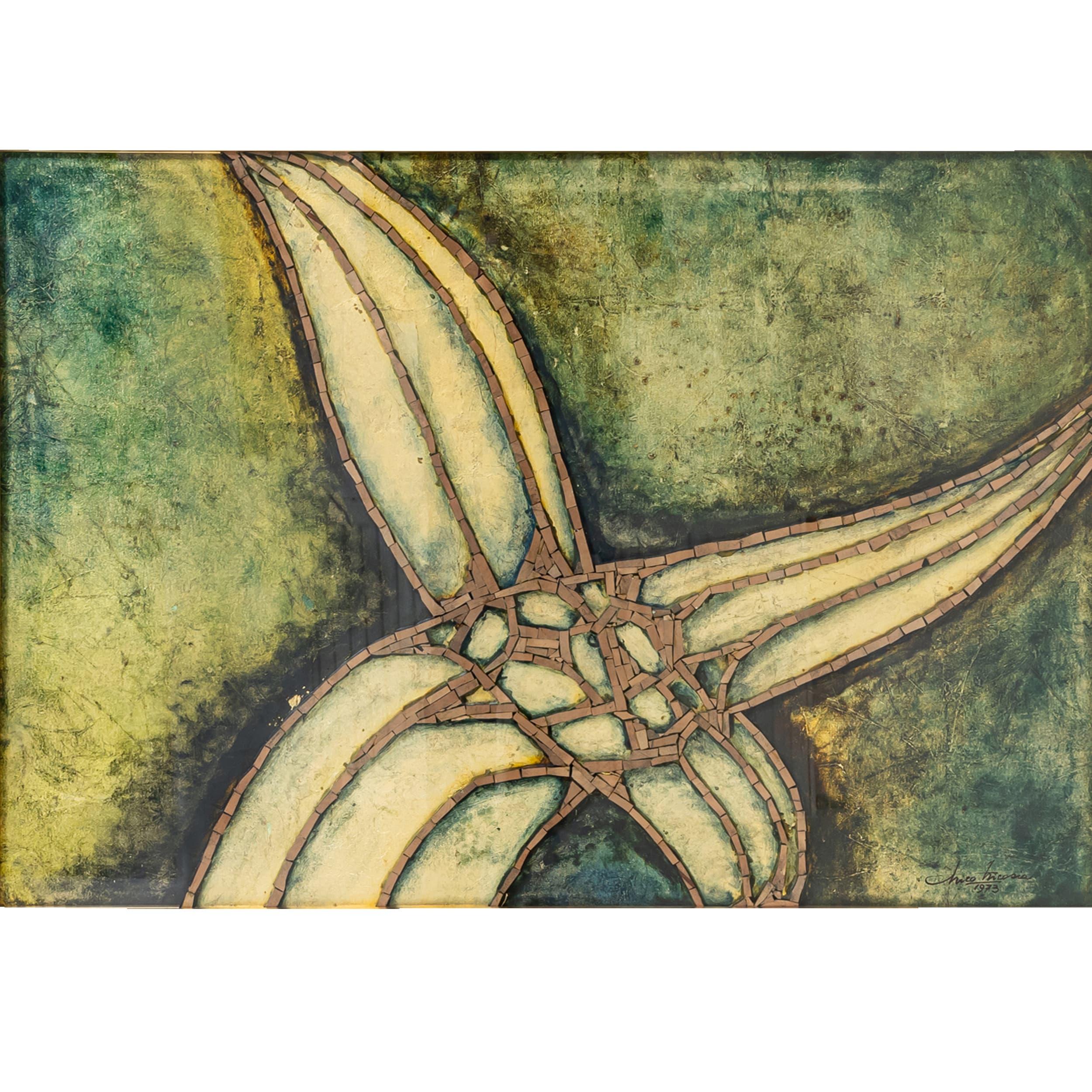 Abstract Painting de Unknown - Abstracción moderna, collage, fechado en 1973