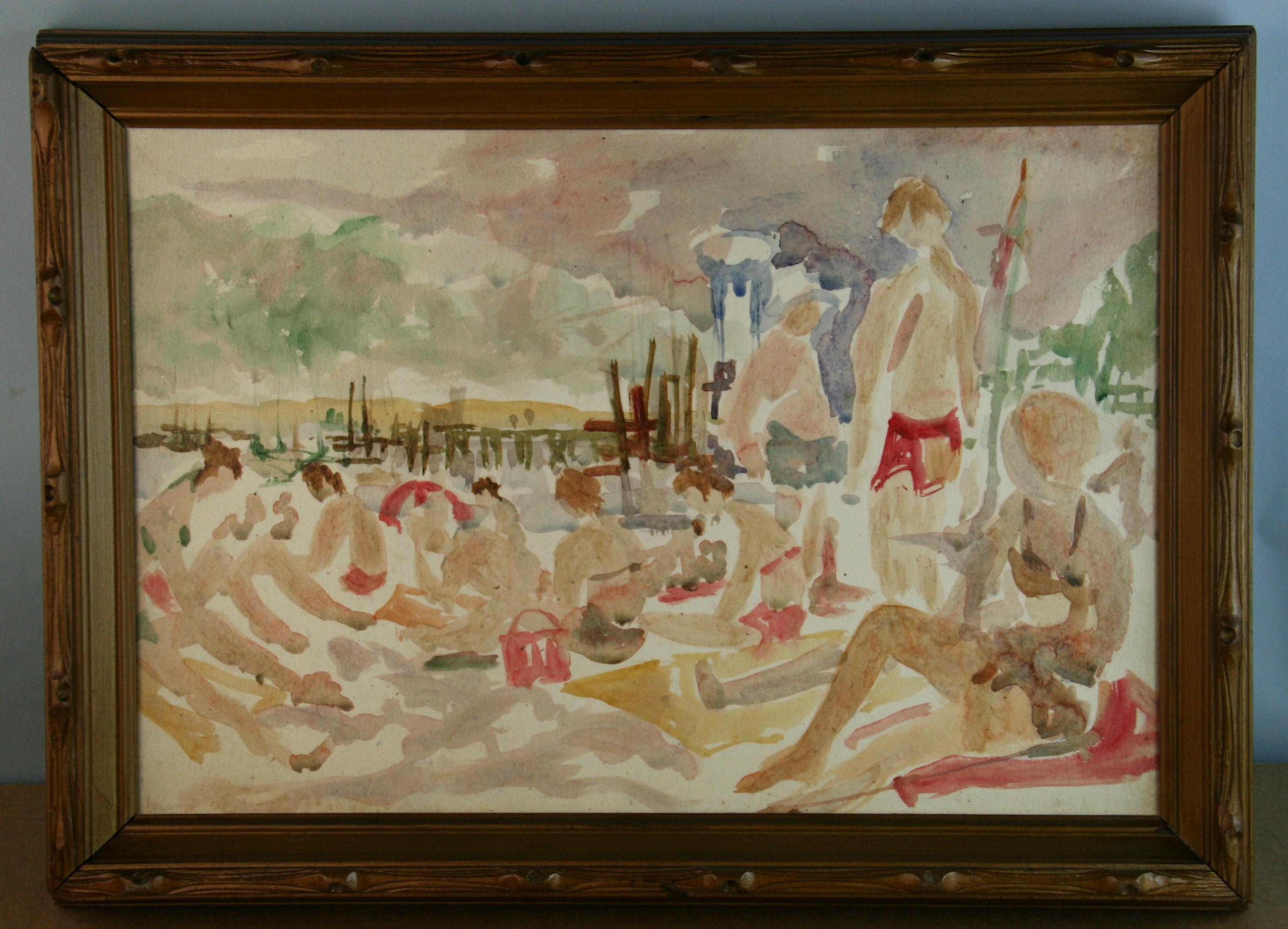 4062 Modern beach bathers gouache figural painting on artist board.
Set in a vintage carved walnut frame
Image size 14x21.5