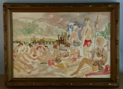 Modern American Impressionist Bathers Beach Figural Gouache Painting