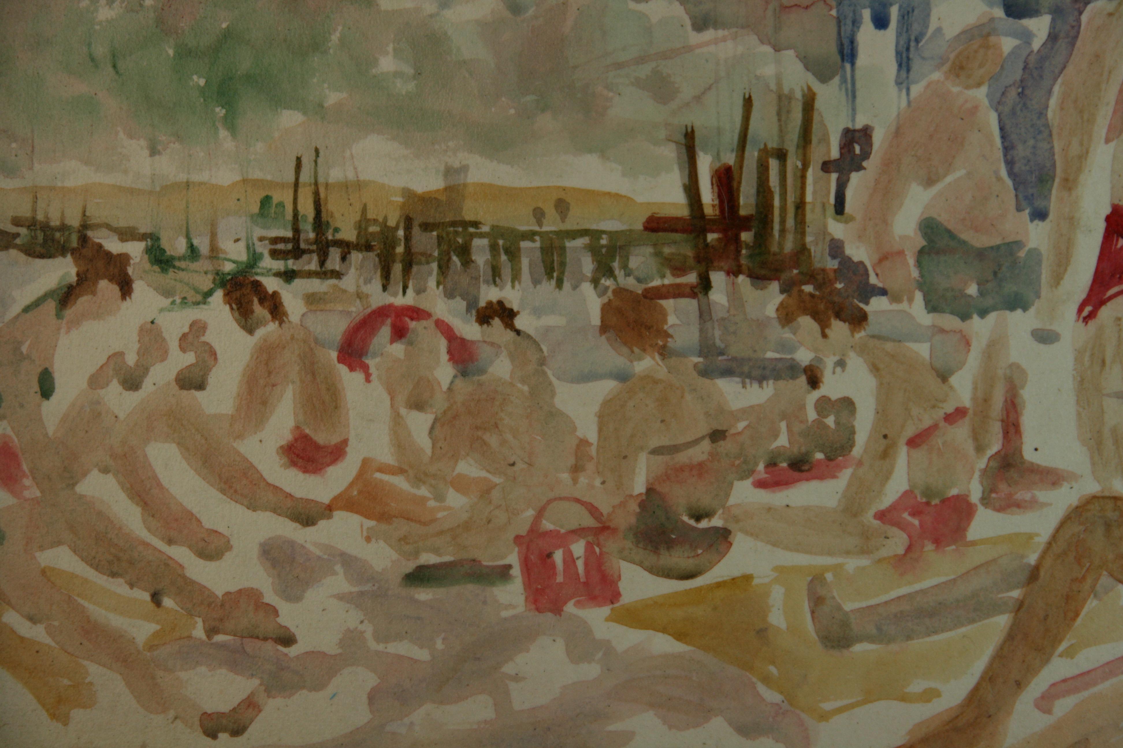 Pintura al gouache moderna impresionista americana Figuras de bañistas en la playa - Figurative Painting Marrón de Unknown