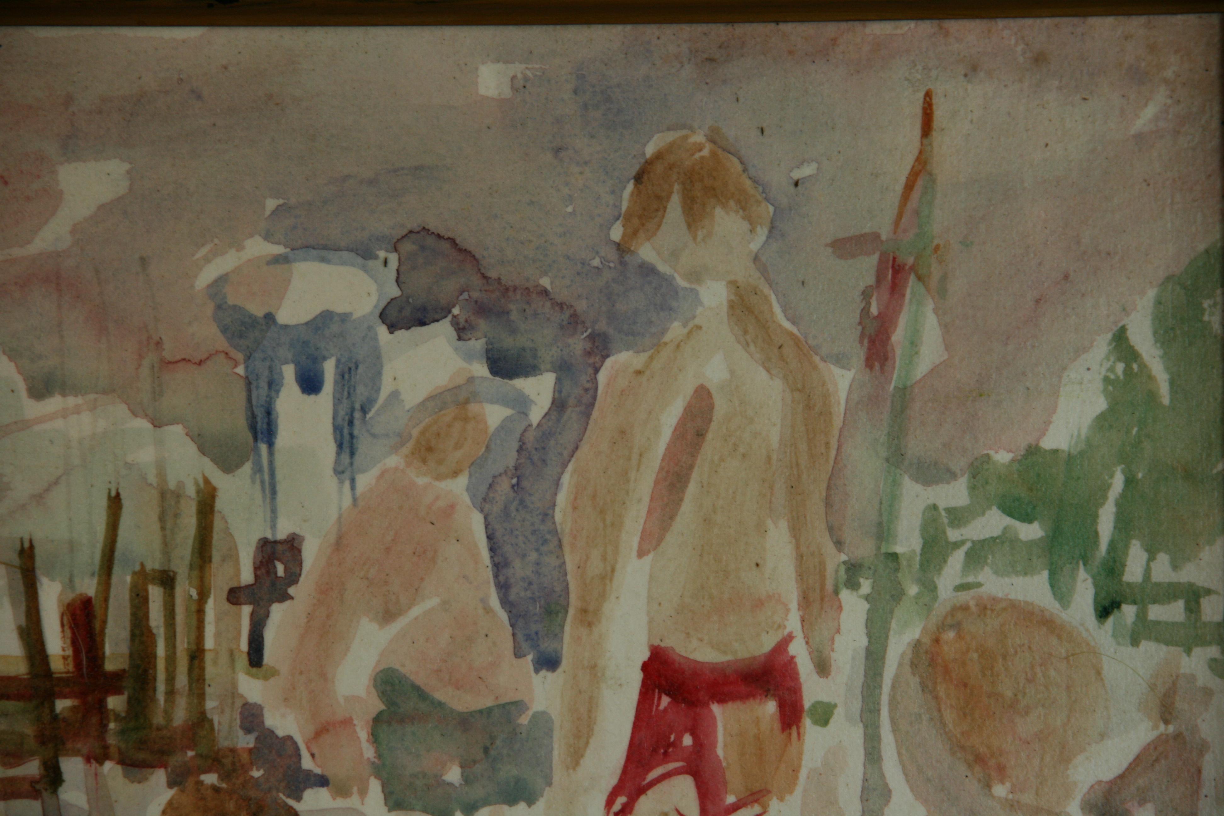 Pintura al gouache moderna impresionista americana Figuras de bañistas en la playa en venta 2