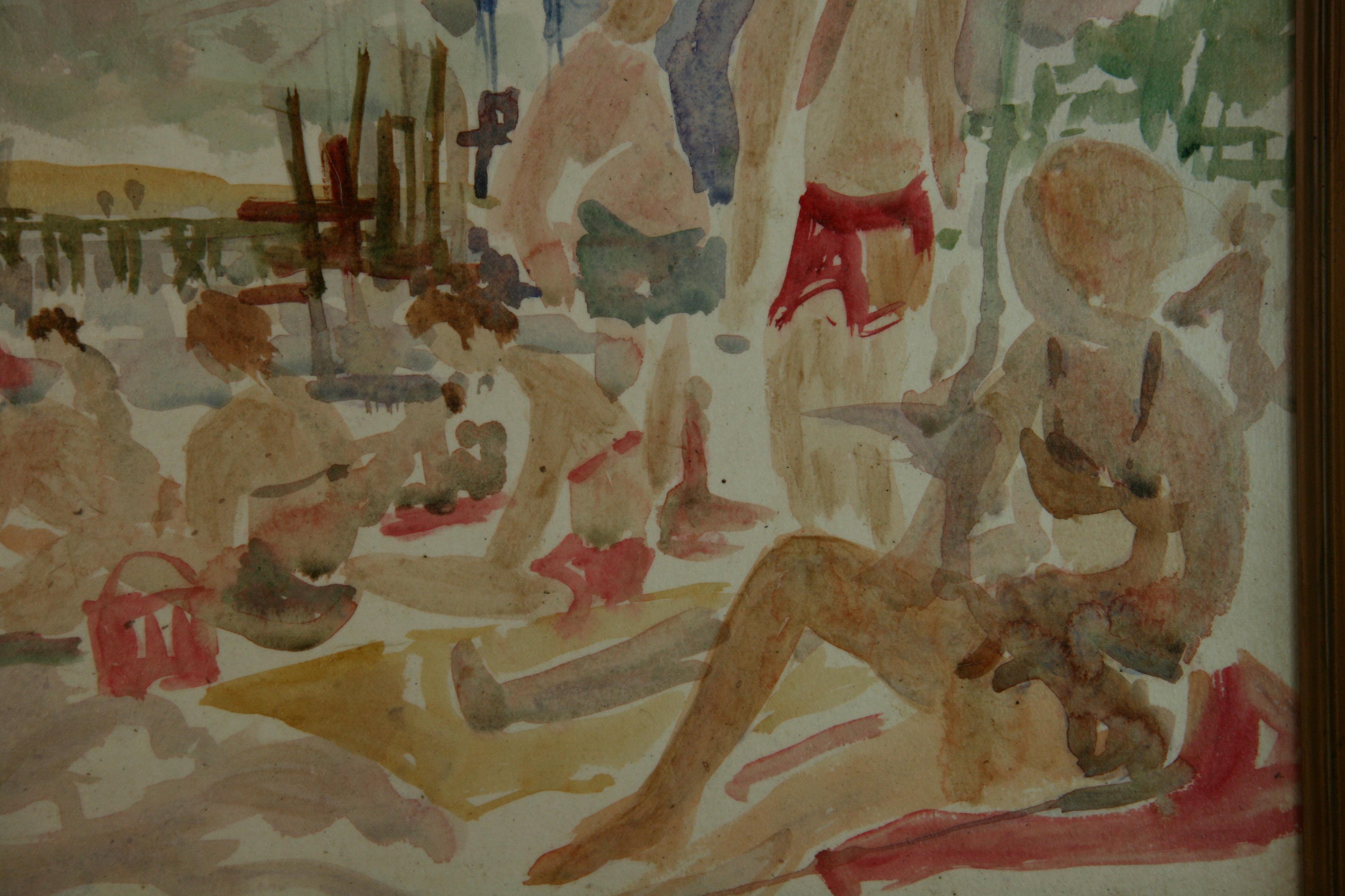 Pintura al gouache moderna impresionista americana Figuras de bañistas en la playa en venta 3