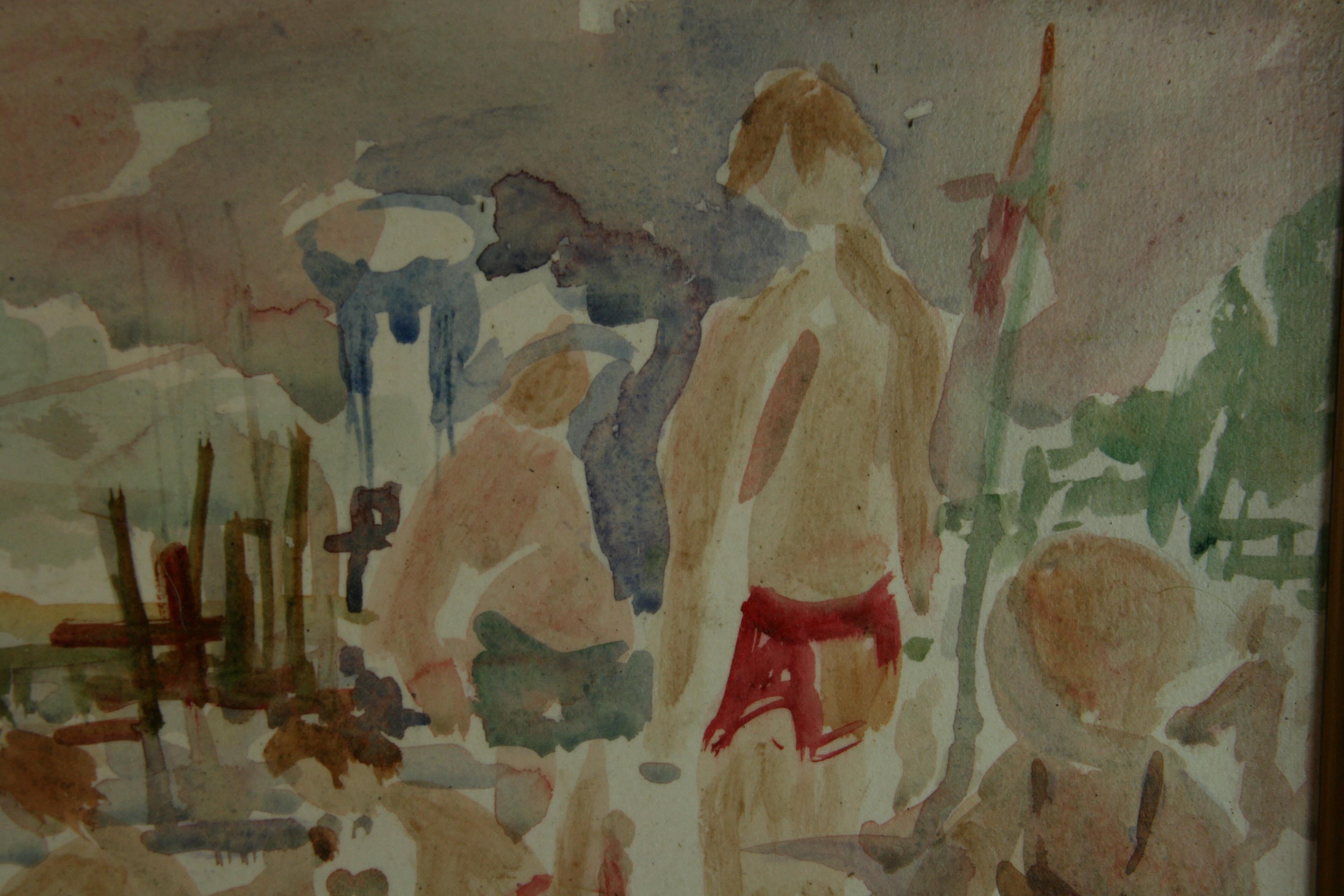 Pintura al gouache moderna impresionista americana Figuras de bañistas en la playa en venta 4