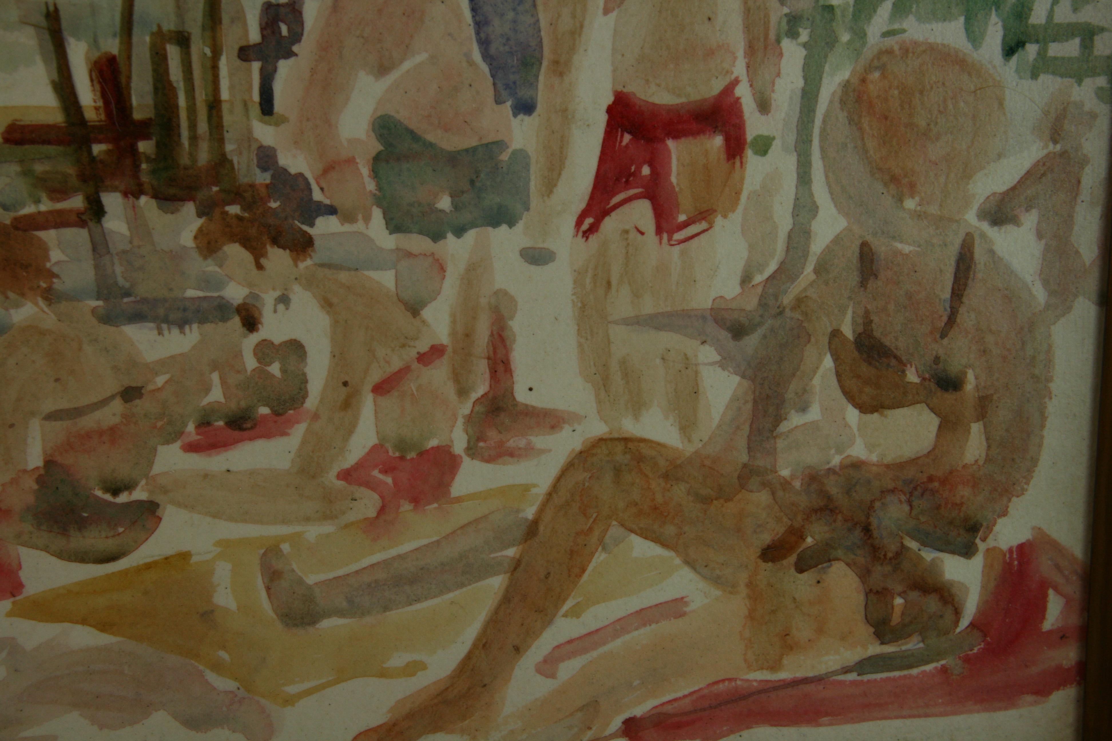Pintura al gouache moderna impresionista americana Figuras de bañistas en la playa en venta 5