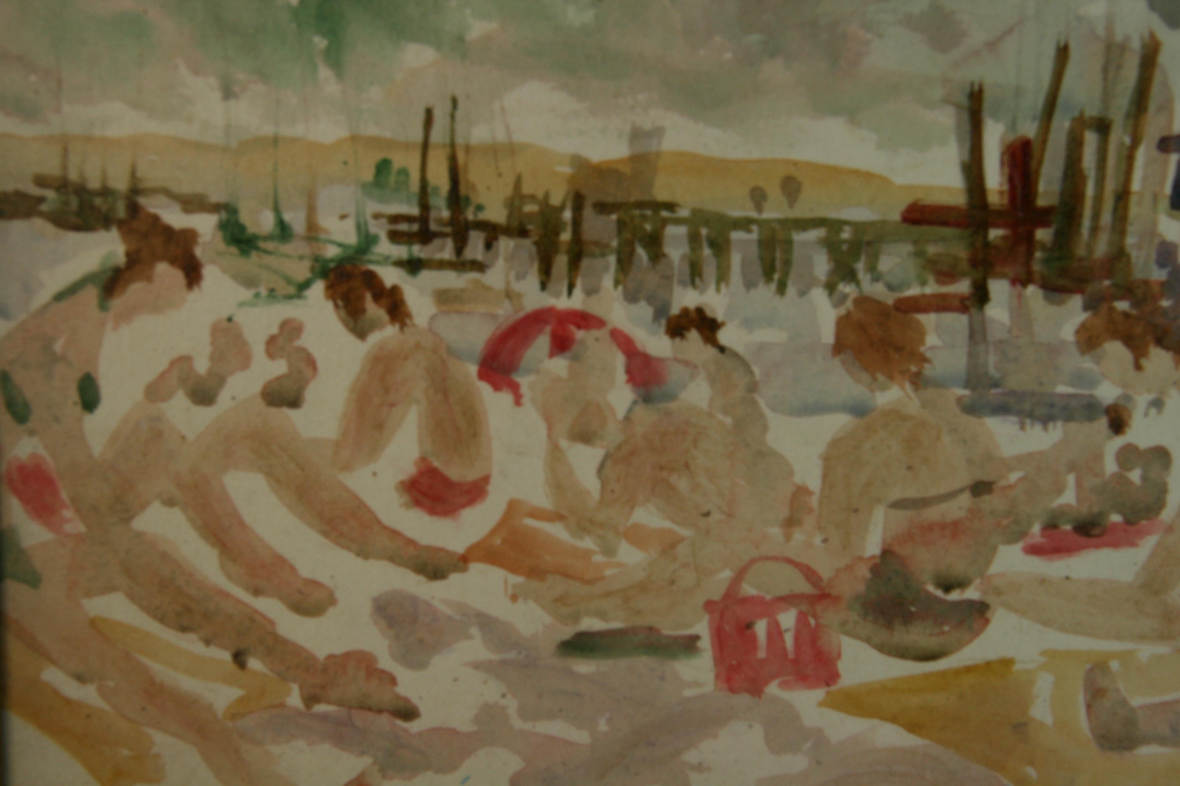 Unknown Figurative Painting - Modern American Impressionist Bathers Beach Figural Gouache Painting