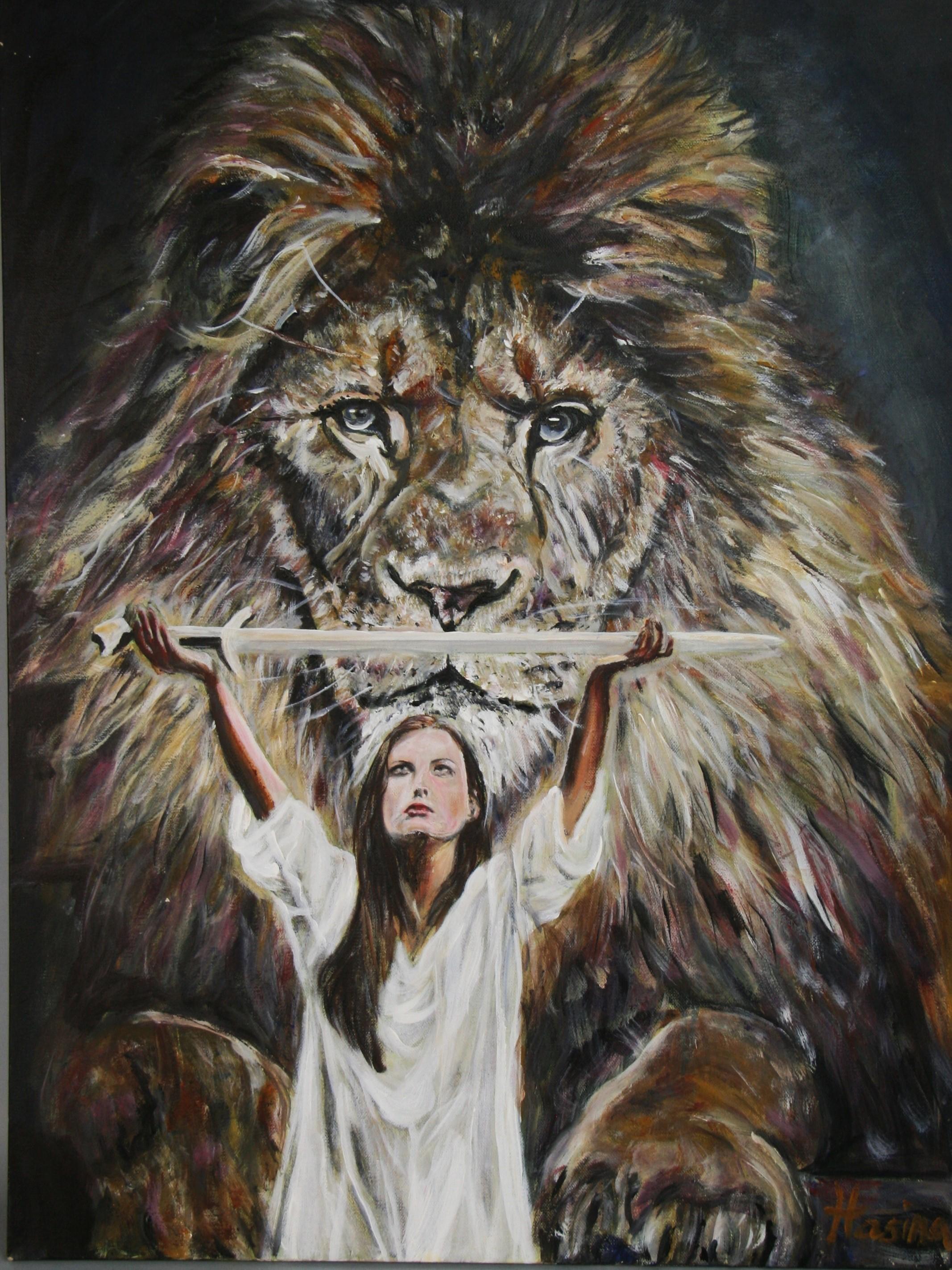 Modern American Lion and The Female Slayer  Surreal Acrylic on Stretched Canvas - Painting by Unknown