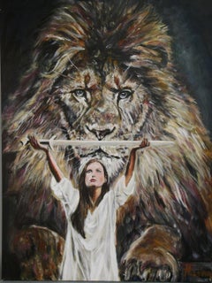 Vintage Modern American Lion and The Female Slayer  Surreal Acrylic on Stretched Canvas