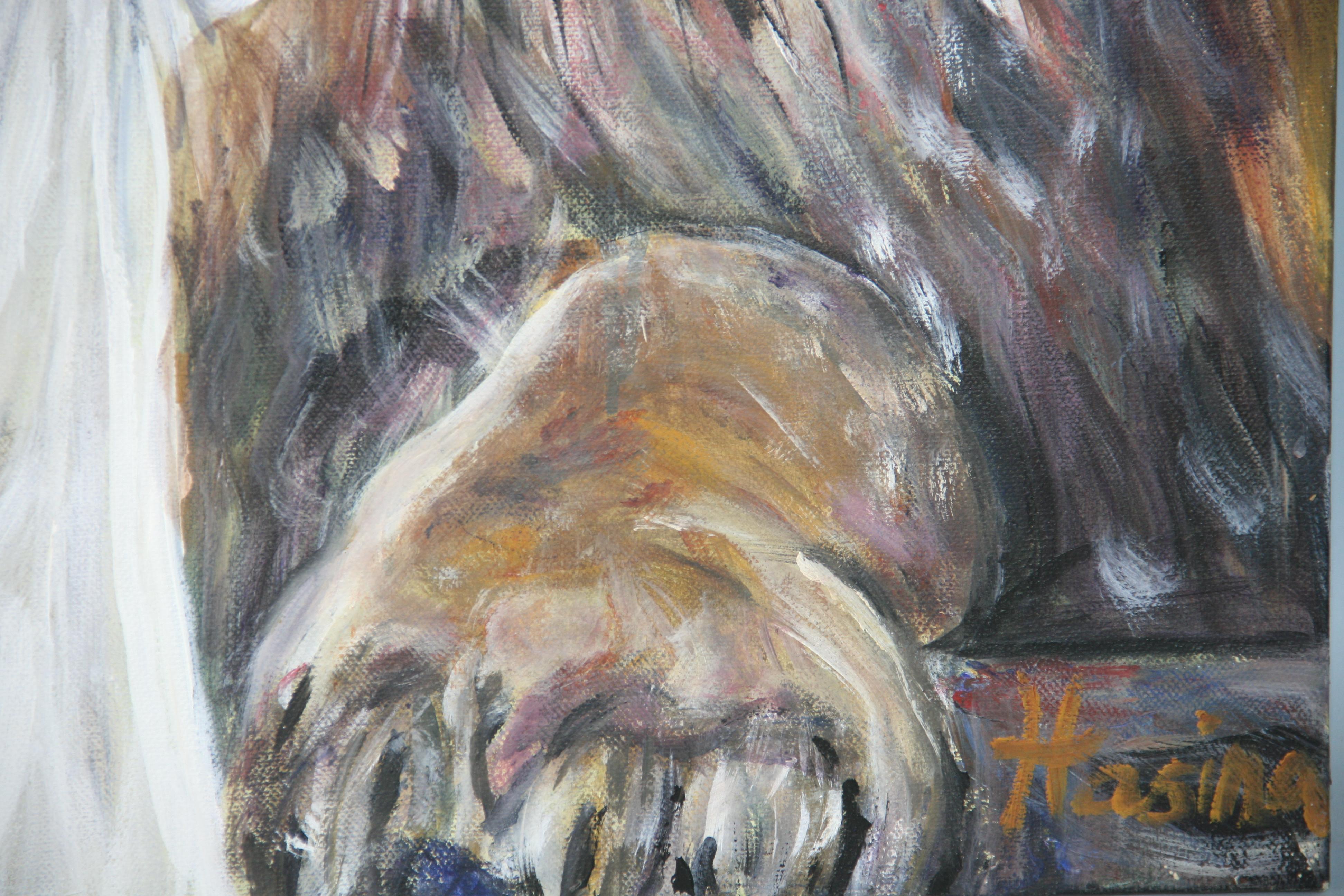 Moderner amerikanischer Löwe und die weibliche Schieferin  Figurative, Löwe  Öl auf  Segeltuch im Angebot 4