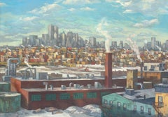 Modern American Oil Painting New York City Skyline Industrial Factory Framed