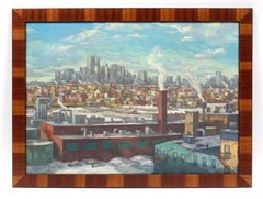 Modern American Oil Painting New York City Skyline Industrial Factory Framed 