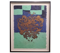 Modernes modernes abstraktes Gemälde in Aqua, Marineblau und Gold