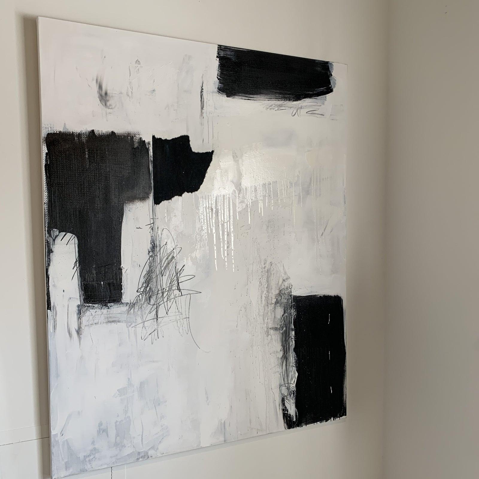 Artist: Joe Adams
Modern and Strong
48 x 60 Wired and ready to hang. Gallery wrapped canvas
Black , white , charcoal grey and silver 
Mixed Media 