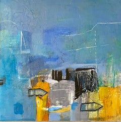 “Docked” Blues & Yellows Contemporary textured mixed media painting