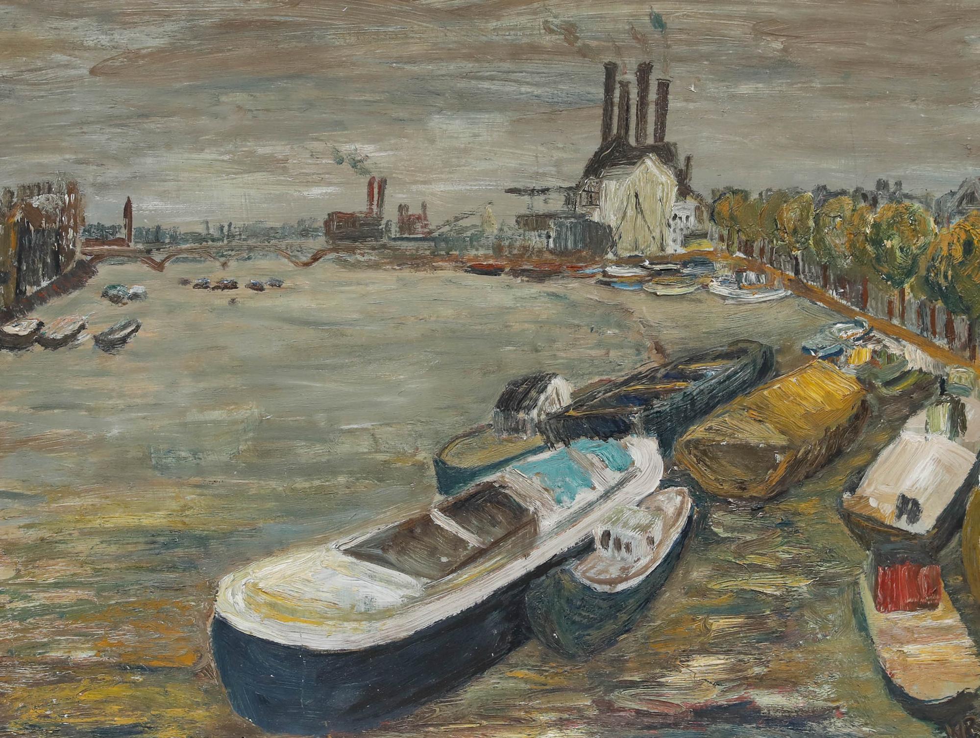 Modernes Großbritannien  Mitte des 20. Jahrhunderts Öl - Lastkähne auf der Themse bei Battersea – Painting von Unknown