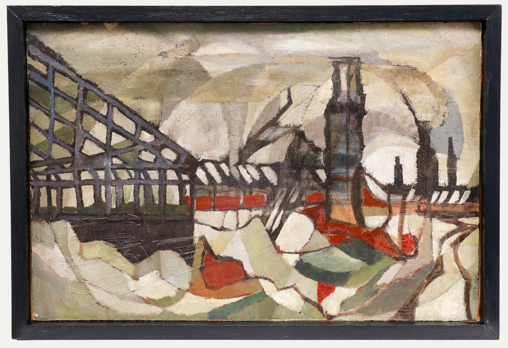 Unknown Landscape Painting – Modern British Mitte des 20. Jahrhunderts Öl - Die Eisenbrücke