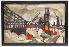 Modern British Mitte des 20. Jahrhunderts Öl - Die Eisenbrücke