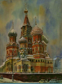 Modern City Scape Moscow Church Gouache Painting, Framed, 1970s