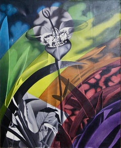 Modern, decorative flower painting, acrylic on canvas. Signed and dated.