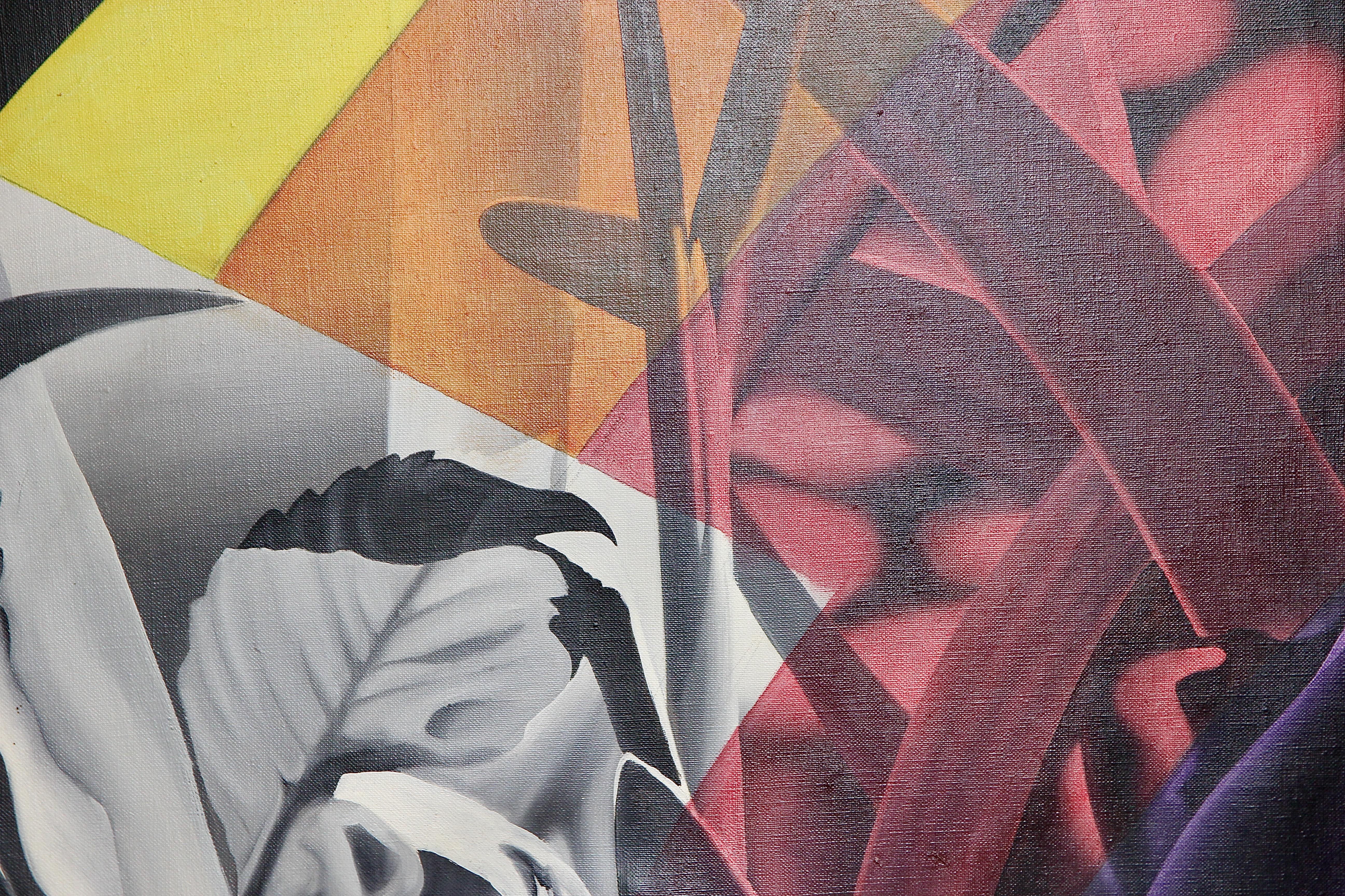 Pintura moderna y decorativa de flores, acrílico sobre lienzo. Firmado y fechado. - Abstract Painting Negro de Unknown