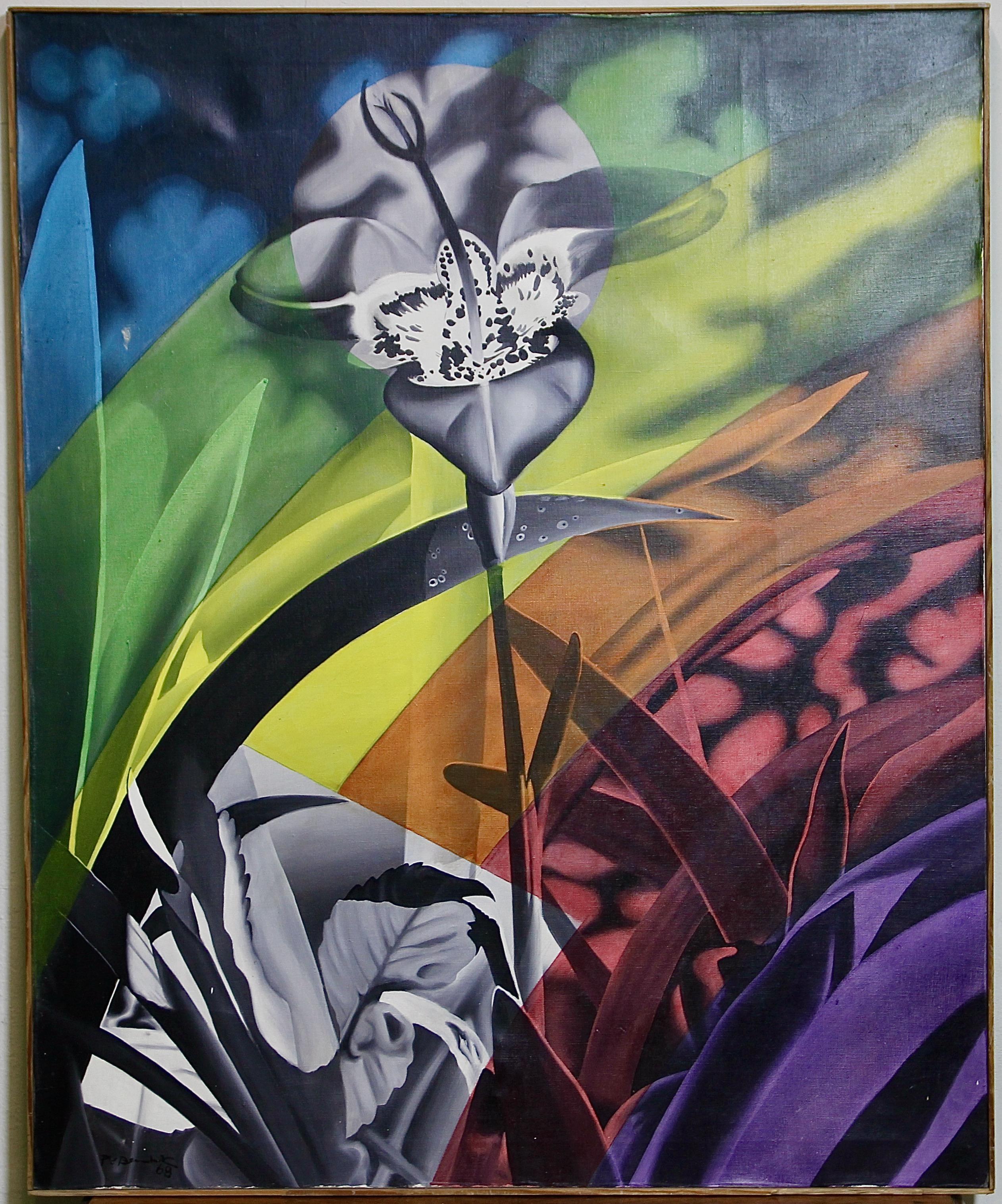 Modern, decorative flower painting, acrylic on canvas. Signed and dated. 