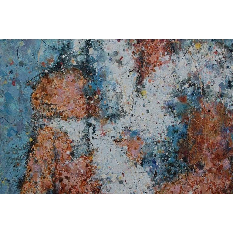 Drip Abstract Composition 
Canvas 36x24 with frame 42x29.5
Artist signed illegibly lower right corner, Gallery Kabutaya Japan label on revers stretcher. Mid-Century Modern drip abstract compostion with woman holding a baby on her lop.