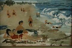 Modern Figural Beach Scene, Gouache on Artist Board, 1980s, Framed