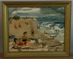 Modern Figural Beach Scene, Gouache on Artist Board, 1980s, Framed