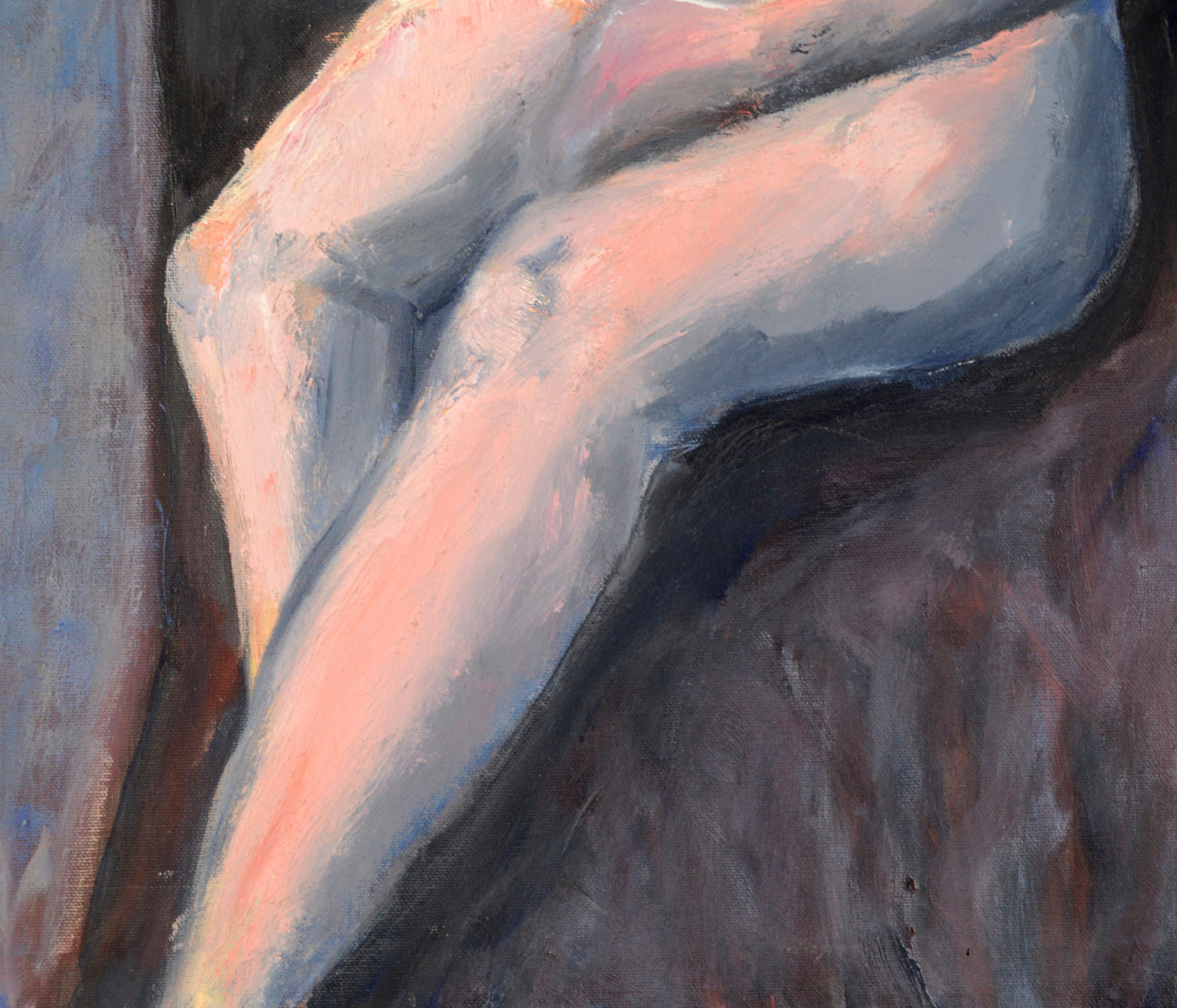 Buntes modernistisches Impasto-Figurengemälde einer sitzenden Frau von einem unbekannten Künstler. Diese zeitgenössische figurative Arbeit verwendet ausdrucksstarke Texturen und Farben mit einer Palette von Rosatönen, Orangen und Blautönen. 

Nicht