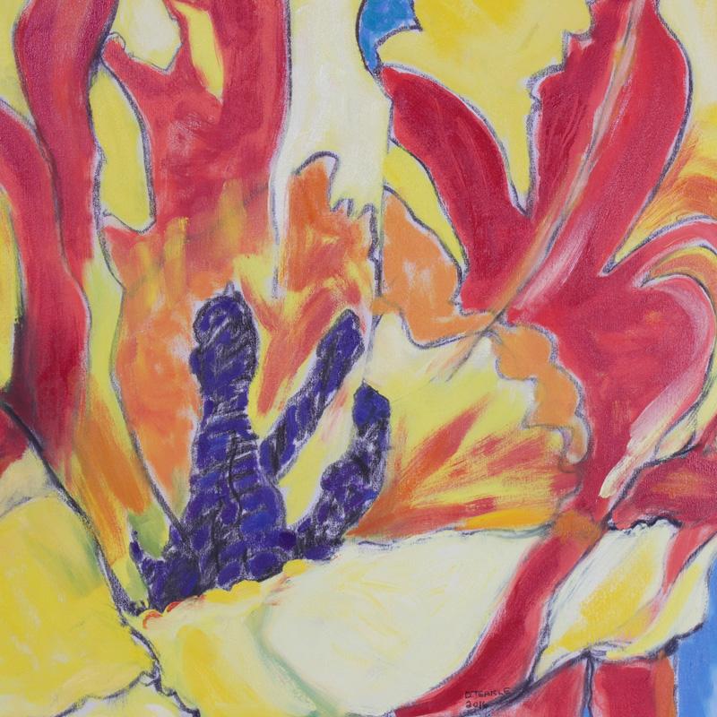 Striking, modern floral oil painting on canvas that is both fiery hot and sensual, while pulling you into the painting. Painted by Dennis Teakle in 2016.
