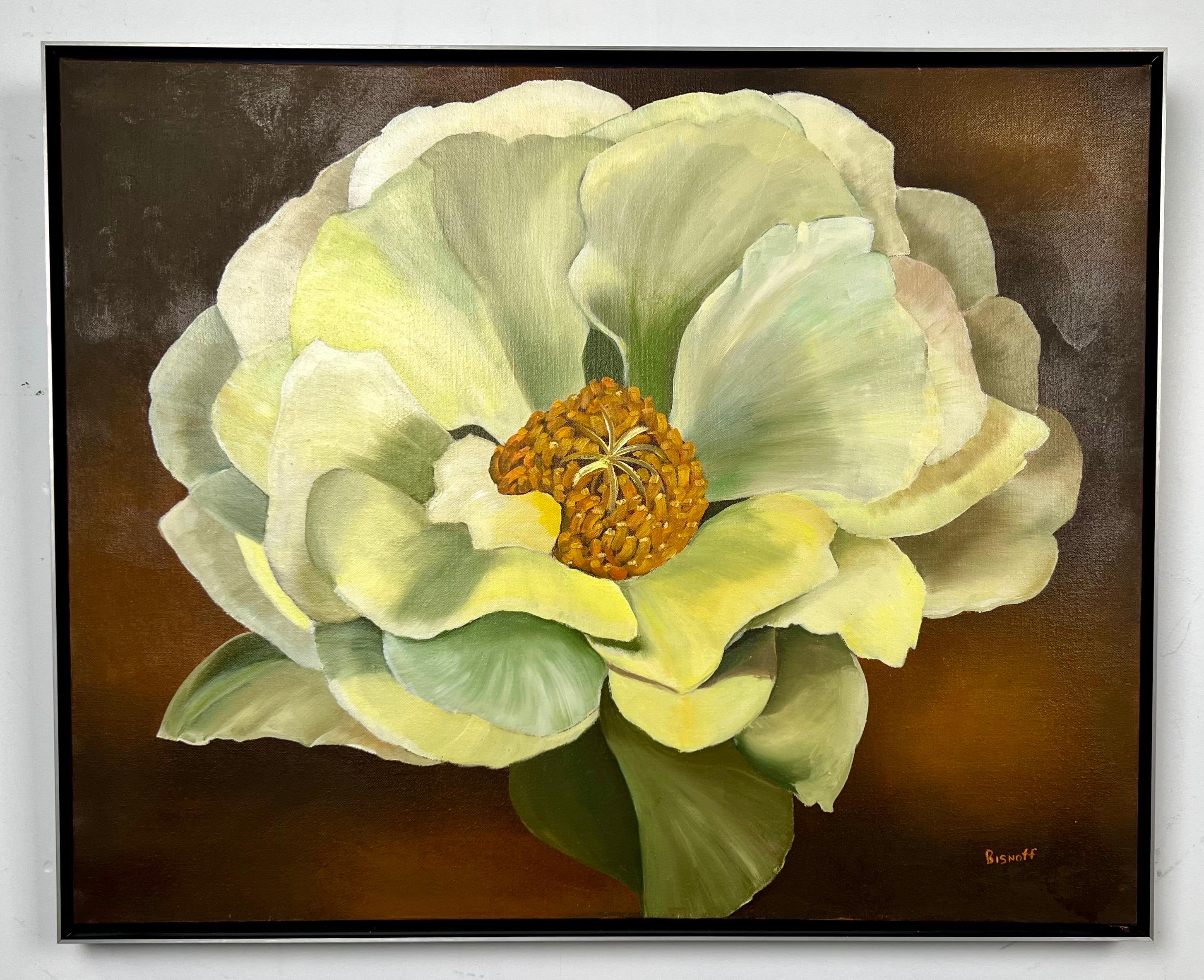 Unknown Still-Life Painting - Modern Floral Still Life with White Bloom Oil on Canvas Signed by artist